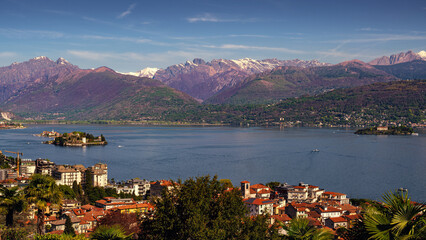 View of the lake Maggiore and Borromeo islands in front of Stresa city