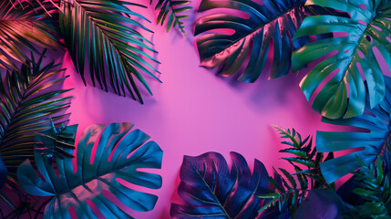 Fototapeta na wymiar Creative fluorescent color layout made of tropical leaves