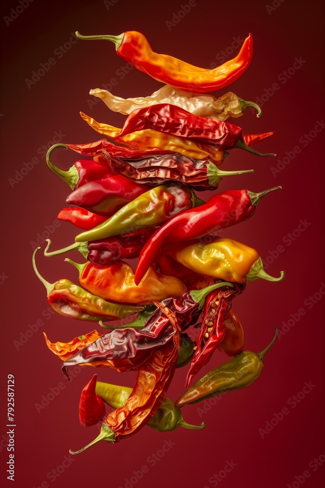 Wall mural A variety of colorful chili peppers appear suspended against a red background