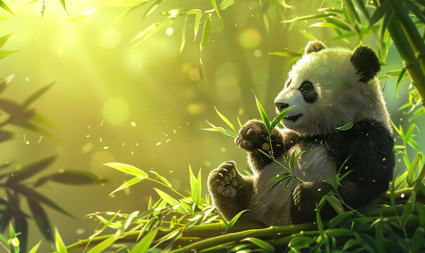 4k wallpaper background image of a panda sitting and eating bamboo shoots with the sun shining softly in the morning.
