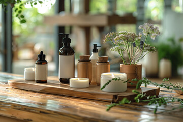 Natural skincare products arranged on a bamboo tray surrounded by greenery. AI Generated.