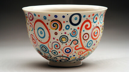 A ceramic tea cup featuring a whimsical pattern of swirls and dots