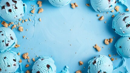 Blue ice cream scoops and cookie crumbs on a textured blue background