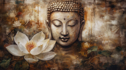 Naklejka na ściany i meble Buddha and Lotus Flower. Buddha Purnima. Vesak day. Meditating Buddha and White Lotus