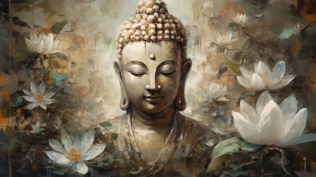 Buddha and Lotus Flowers. Buddha Purnima. Vesak day. Meditating Buddha and White Lotuses, painting, art