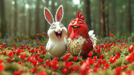 Charming cartoon funny white rabbit and cockerel in a forest clearing among red flowers. Two happy cheerful friends. Happy easter - obrazy, fototapety, plakaty