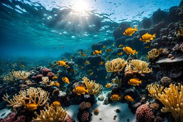 Mesmerizing underwater scene of vibrant coral reefs teeming with exotic fish,