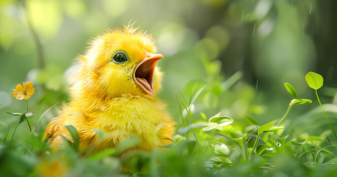 An adorable yellow chicken sits in the green grass, illuminated by sunlight. A newborn chicken squeaks and asks for food in the summer outdoors on a farm. Easter holiday