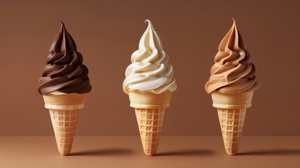 Three different flavors of soft serve ice cream in waffle cones on a brown background
