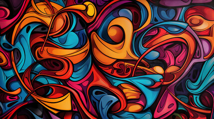 Composición artística abstracta, fondo naranja y azul, grafiti