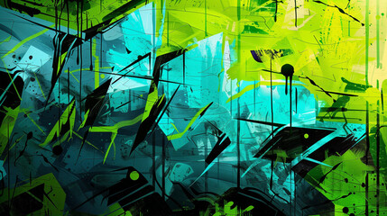 Composición artística abstracta, fondo verde y azul, grafiti