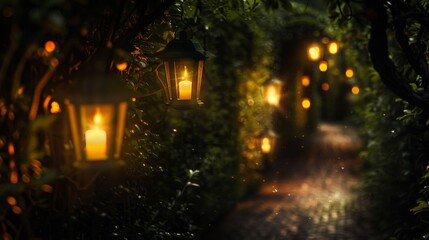 The blurred glow of flickering lanterns guiding the way through the twisted paths of the lamplit maze. .