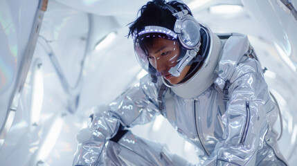 Asian handsome man in a spacesuit - obrazy, fototapety, plakaty