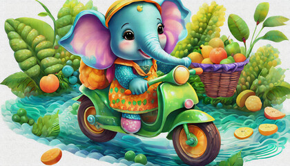 oil painting style CARTOON CHARACTER CUTE baby elephant ride Stylish green cross motorcycle isolated on white background,