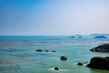 High angle view of the bay and fishing village on the top of the flag crown of Lianjiang County, Fujian Province