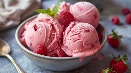A bowl of raspberry ice cream with fresh berries and mint on top