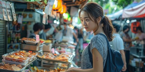 Japanese woman at an outdoor market, exploring food stalls, vibrant atmosphere, daylight, casual clothing