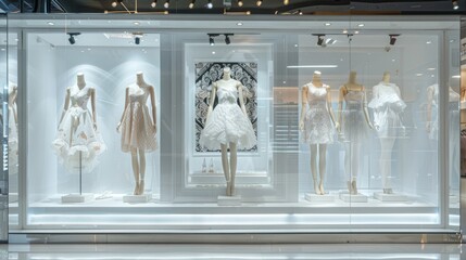 A window display of white dresses with a black and white picture in the middle
