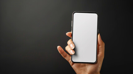 A hand displaying a blank smartphone screen mockup in a direct view over a black backdrop -  - obrazy, fototapety, plakaty