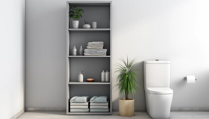 Modern bathroom interior with toilet sink and open shelving unit with plants and towels