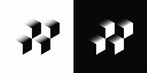 Three box vector logo design with three dimensional pixel effect in a modern, simple, clean and abstract style.