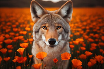 coyote in a field of flowers looking at the camera, portrait of wild - obrazy, fototapety, plakaty