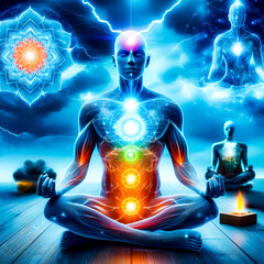 The illustration shows the multi-colored chakras on the human body rotating and emitting light to create waves of pure energy.