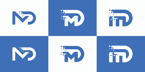 Collection of vector logo designs for the initials of the letter M D with a pixel effect in a modern, simple, clean and abstract style.