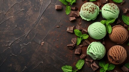Scoops of mint and chocolate ice cream with chunks of chocolate and mint leaves