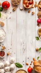 Assorted fresh ingredients for Italian cooking on rustic white wooden background