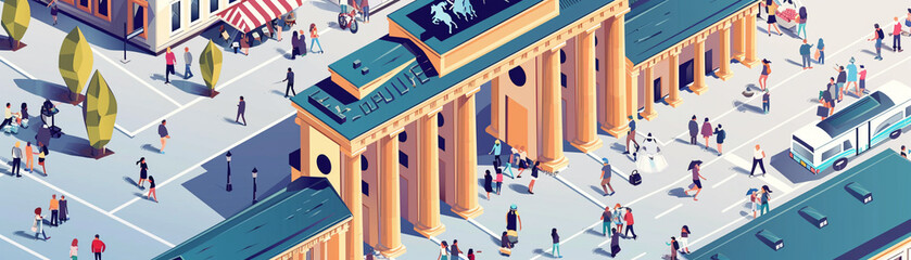 An isometric 3D vector illustration showing the historic Brandenburg Gate at the heart of Berlin, bustling with tourists and street performers, capturing the spirit of German culture and history - obrazy, fototapety, plakaty