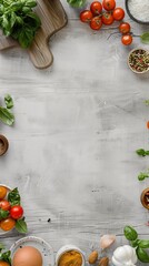 Top view of various fresh cooking ingredients on a white wooden background