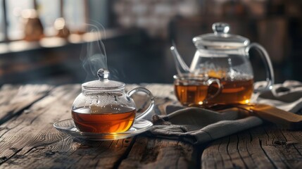 Hot tea set on the wooden table AI generated