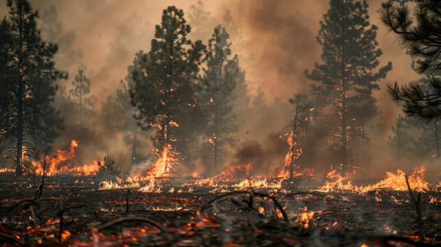 Closeup of an embercovered landscape thick smoke lingering in the air as a wildfire continues to spread. .