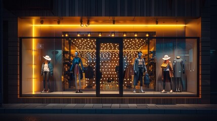A store window with mannequins wearing hats and clothes