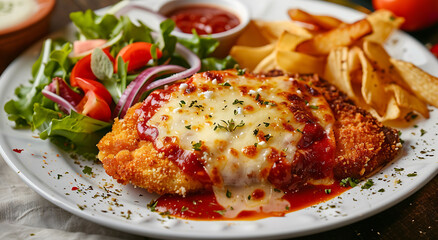 Chicken schnitzel Parmigiana with melted cheese.