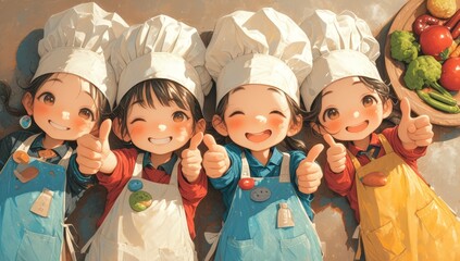 4 multiethnic children wearing aprons and chef hats in the kitchen, smiling while giving thumbs up