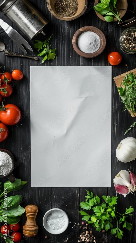 Poster A culinary themed flat lay with fresh ingredients and a blank paper in the center.