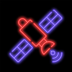 Glowing telecommunications orbital satellite sends signal to receiving device. Navigation spacecraft for transmitting. Night advertising sign element. Glowing neon icon isolated on black background