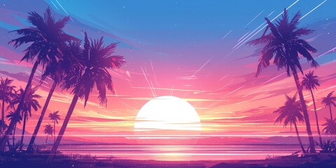 synthwave sunset with palm trees
