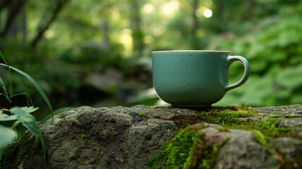 A serene tea cup placed on a moss-covered rock in the heart of a tranquil forest - obrazy, fototapety, plakaty