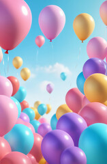 Frame of flying balloons on a background of blue sky. Pink, blue, yellow, purple.