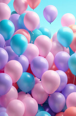 Many inflatable balloons of pink, blue, and violet delicate shades fly upward, a piece of blue sky