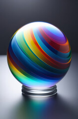 Glass rainbow sphere on a stand on a gray background. Multicolor.
