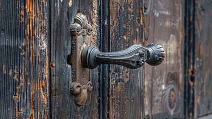 Detail of a handle of a restored old door in a house 