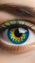 
The right eye of a young girl with dark eyelashes and eyebrows, close-up with a turquoise yellow iris and light green light shadow on the upper eyelid.