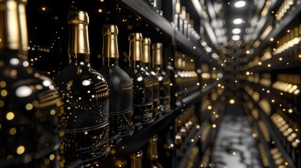 Elegant 3D black and gold wine bottles in a luxury cellar