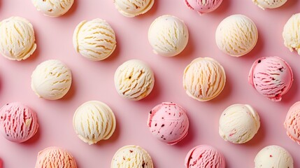 Obraz premium Assorted scoops of creamy ice cream on a soft pink background