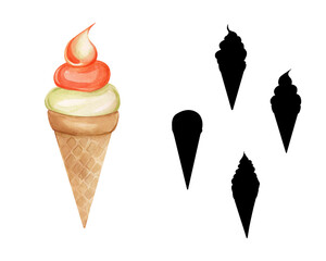 Children's game find a pair. Match the ice cream and its shadow. Hand drawn watercolor illustration with colorful ice creams, treats and sweets. Educational game for kids, task.