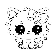 Cartoon cat or kitten. Baby animal in line drawing. Vector illustration isolated on white background. For printable children's and adults coloring page or book, kids toddler activity.